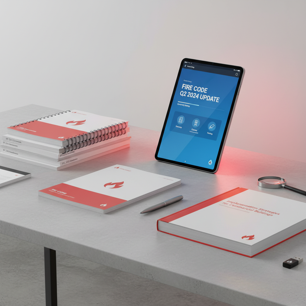 Subscription elements with tablet showing briefing interface, printed change logs and implementation guide on modern desk