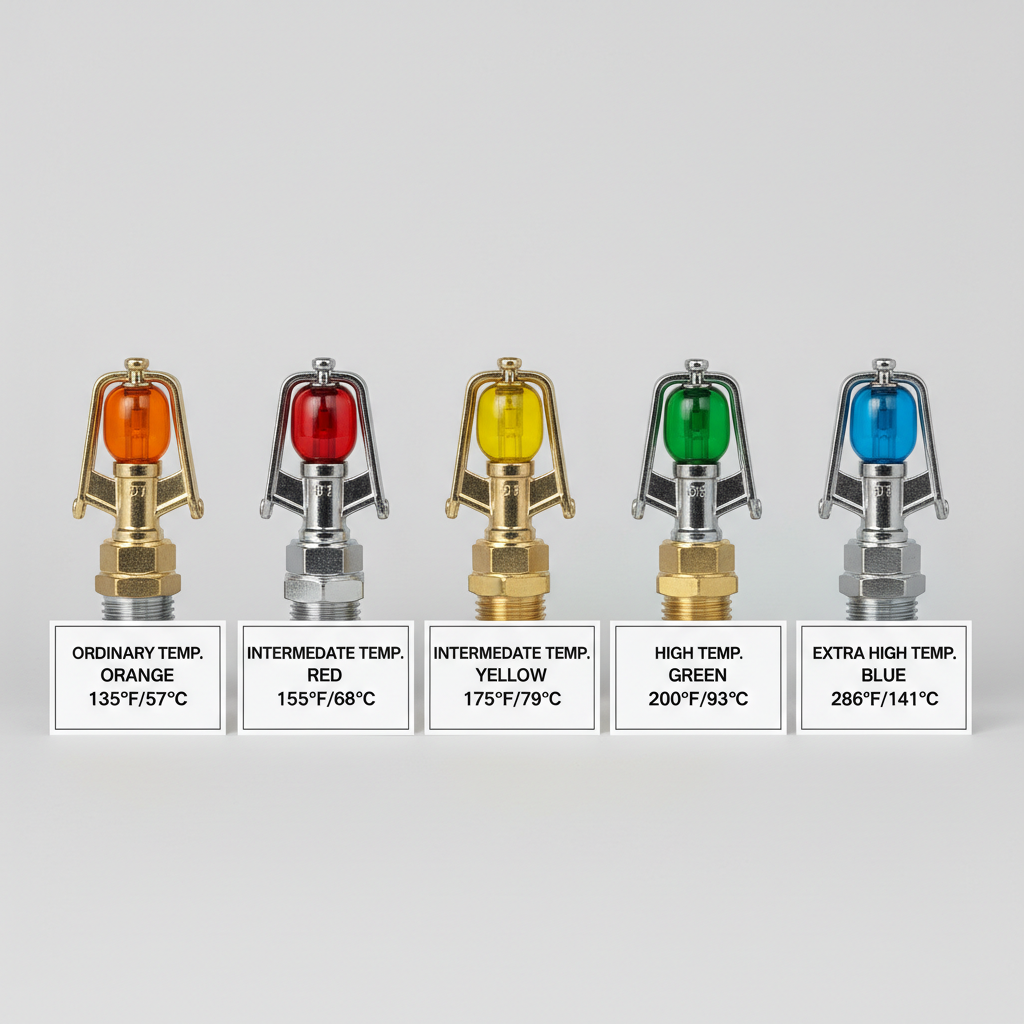 Five color-coded temperature-rated sprinkler heads displayed with specification cards on neutral background