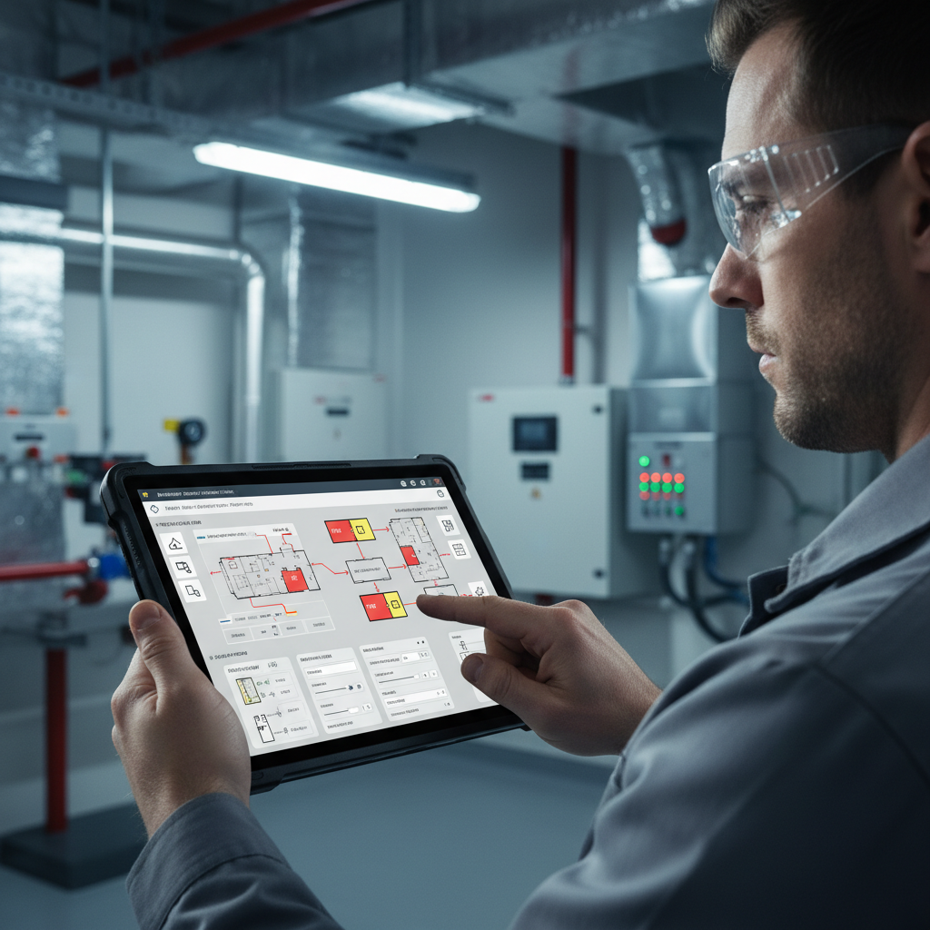 Contractor configuring fire system BMS integration settings on tablet in a mechanical room