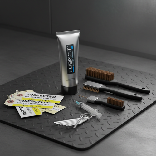 Professional studio arrangement of maintenance pack items including lubricant tube, brushes, and inspection tags on dark industrial mat