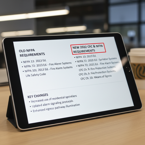 Close-up of tablet screen showing California fire code change log comparing old vs new NFPA requirements