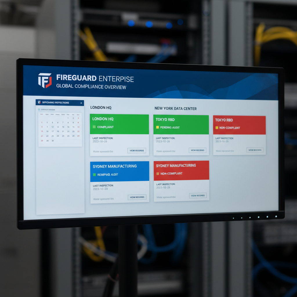 Close-up of enterprise fire compliance software dashboard displaying multi-site compliance status