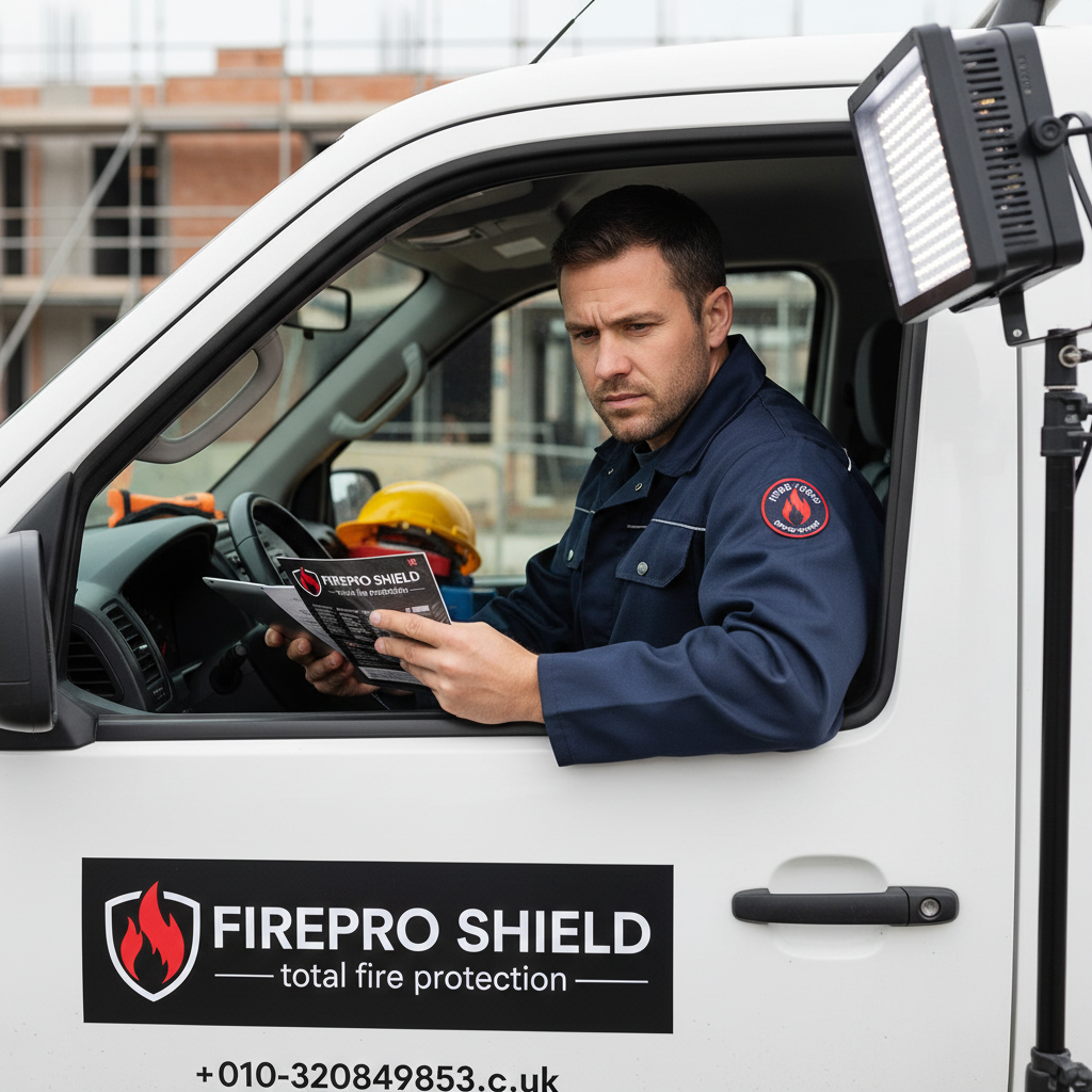 Contractor reviewing branded fire protection materials in a vehicle with uniform patch and decal